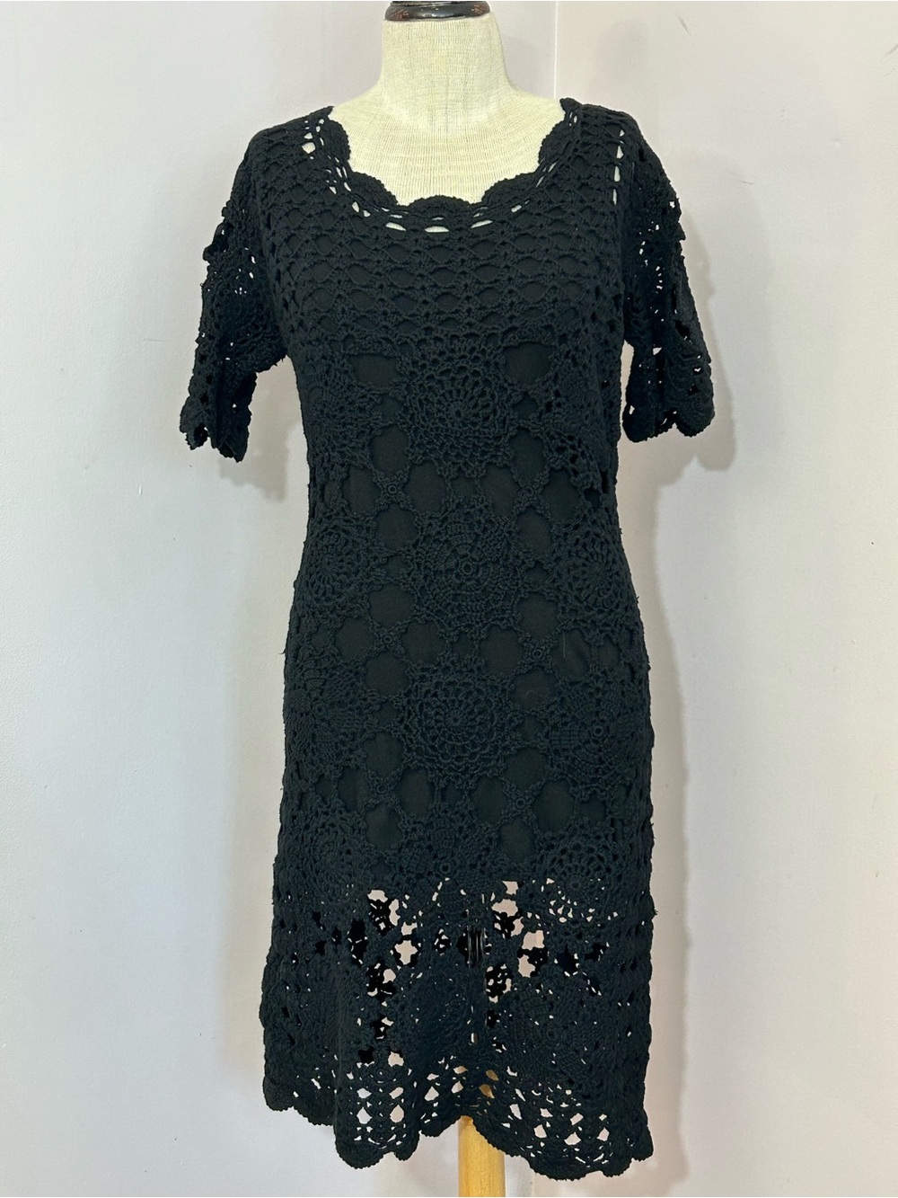 Stefanel Black Cotton Openwork Crochet Dress M